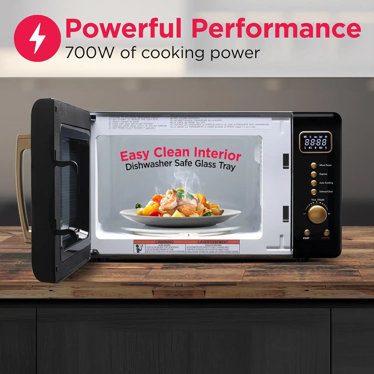Frigidaire, 0.7 Cu. Ft. Retro Countertop Microwave Oven, 700W Compact Microwave with 8 Auto Cook Menus, Auto Defrost, 5 Power Levels, LED Display, Glass Turntable, Black Gold