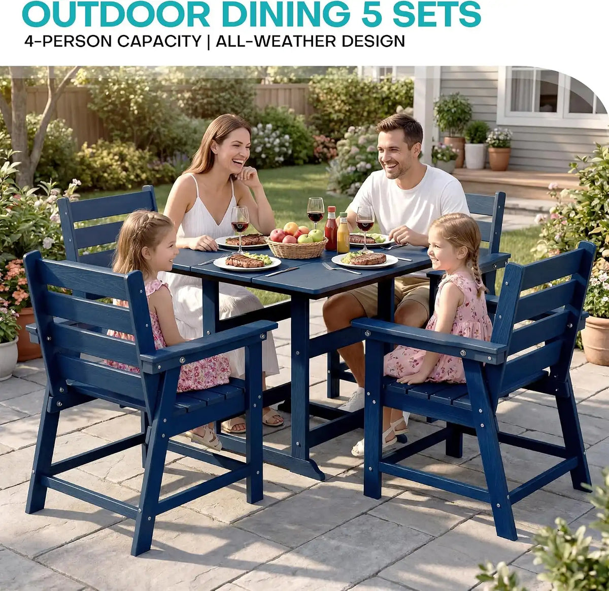 HDPE Outdoor Dining Set, Patio Dining Set of 5, Navy