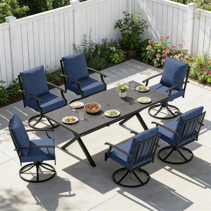 7 PCS Outdoor Patio Dining Set,Patio Table and Chairs Metal Outdoor Patio Furniture Set with Umbrella Hole,Dining Table Set with 6 Swivel Chairs for Deck,Backyard and Garden,Navy Blue