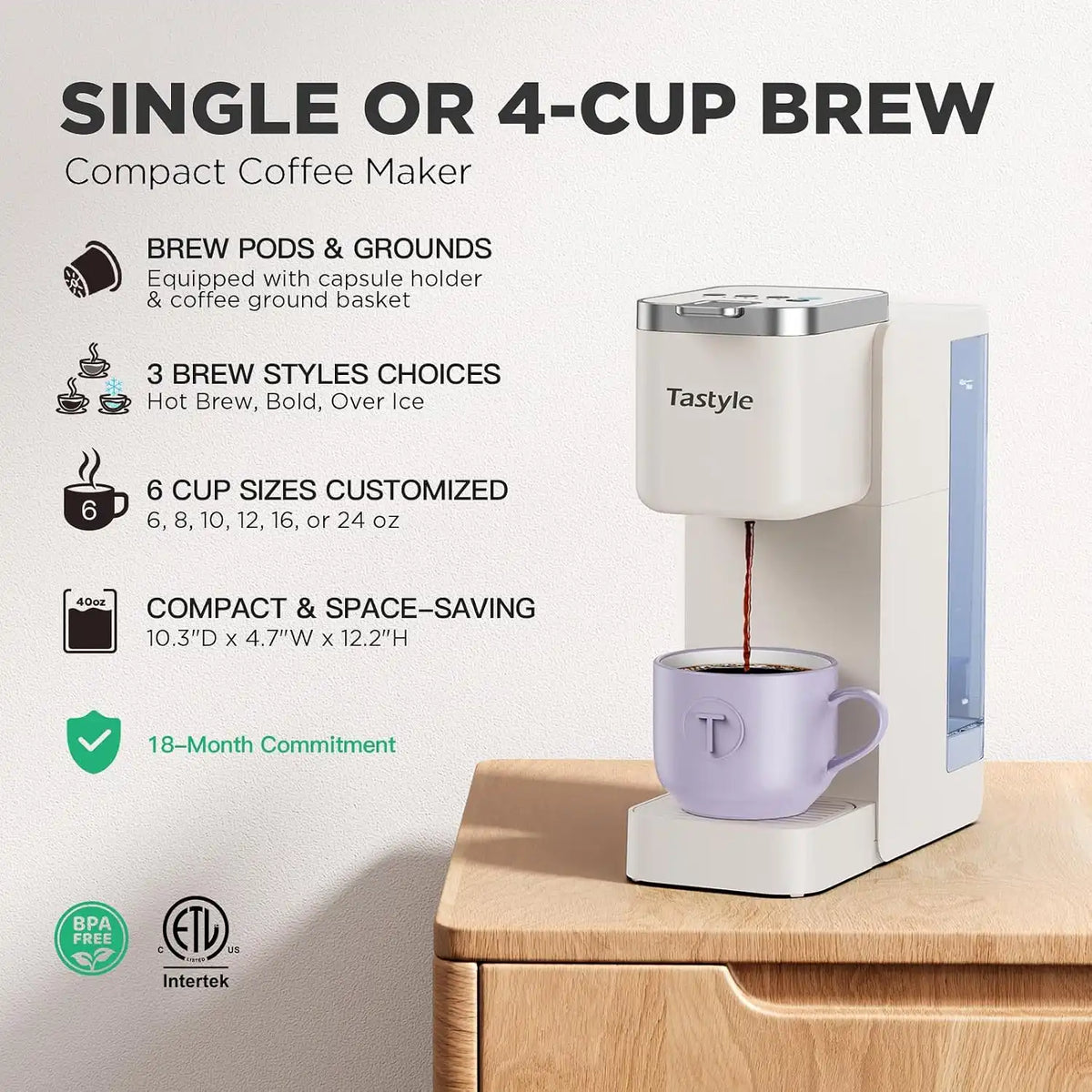 Tastyle Single Serve Coffee Maker for K Cups and Grounds with 3 Brew Styles