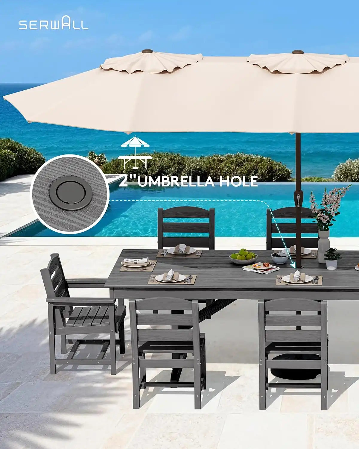 SERWALL 9Pcs HDPE Outdoor Dining Set w/6 Armless, 2 Armchairs for 8,Gray