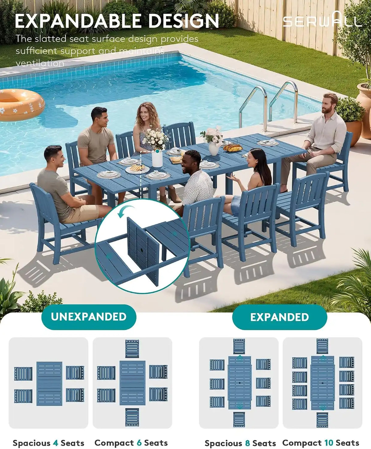 SERWALL Outdoor Patio Dining Set for 8, Blue