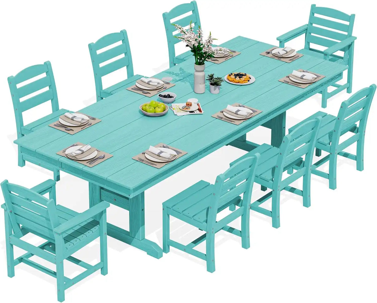 SERWALL 9Pcs HDPE Outdoor Dining Set w/6 Armless, 2 Armchairs for 8, Aruba