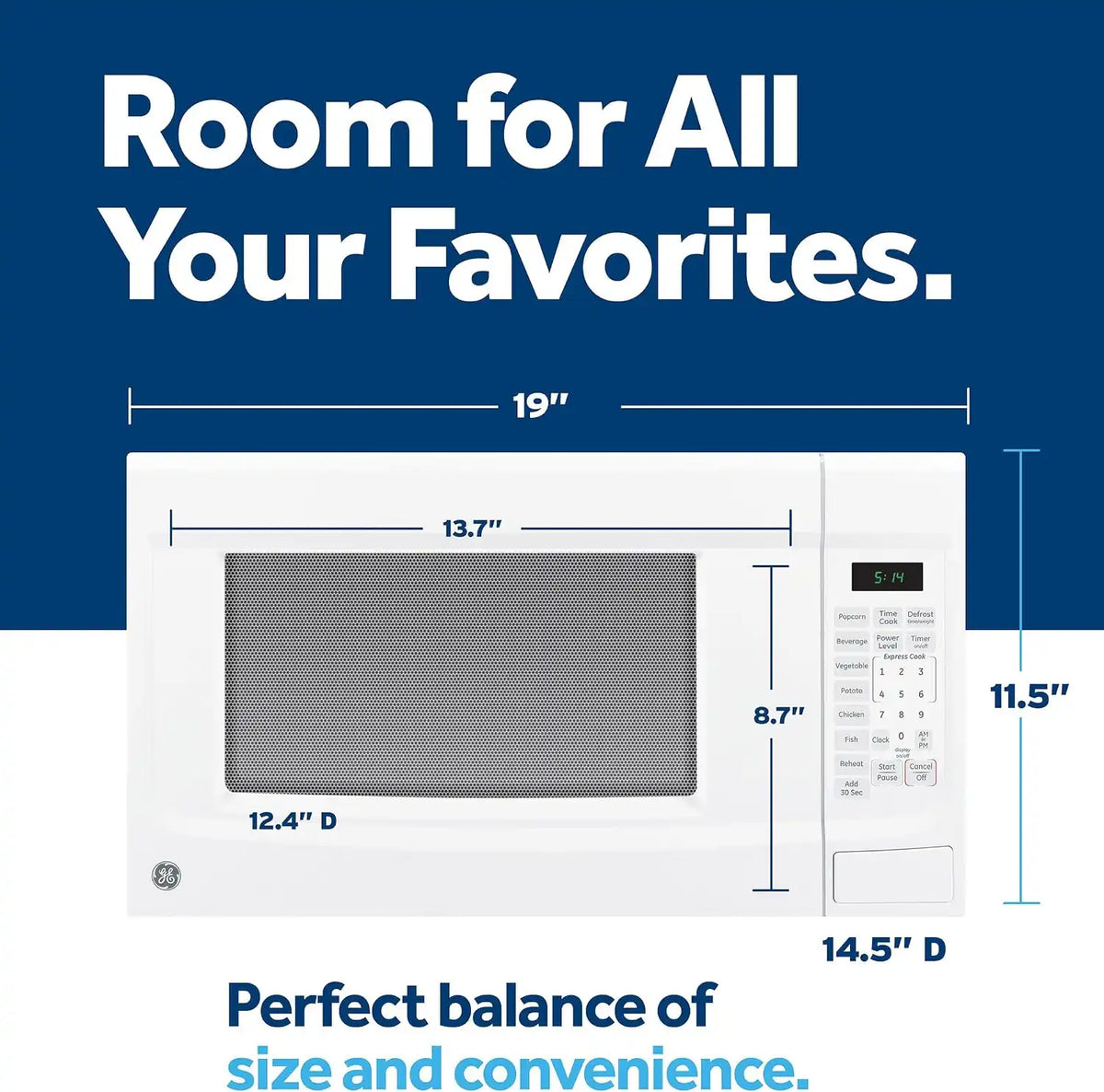 GE Countertop Microwave Oven, 1.4 Cubic Ft., 1,100-watt Capacity, 7 Auto Cooking Settings, Child-Lock Technology, Kitchen Essentials for the Countertop, Dorm Room or Apartment, White