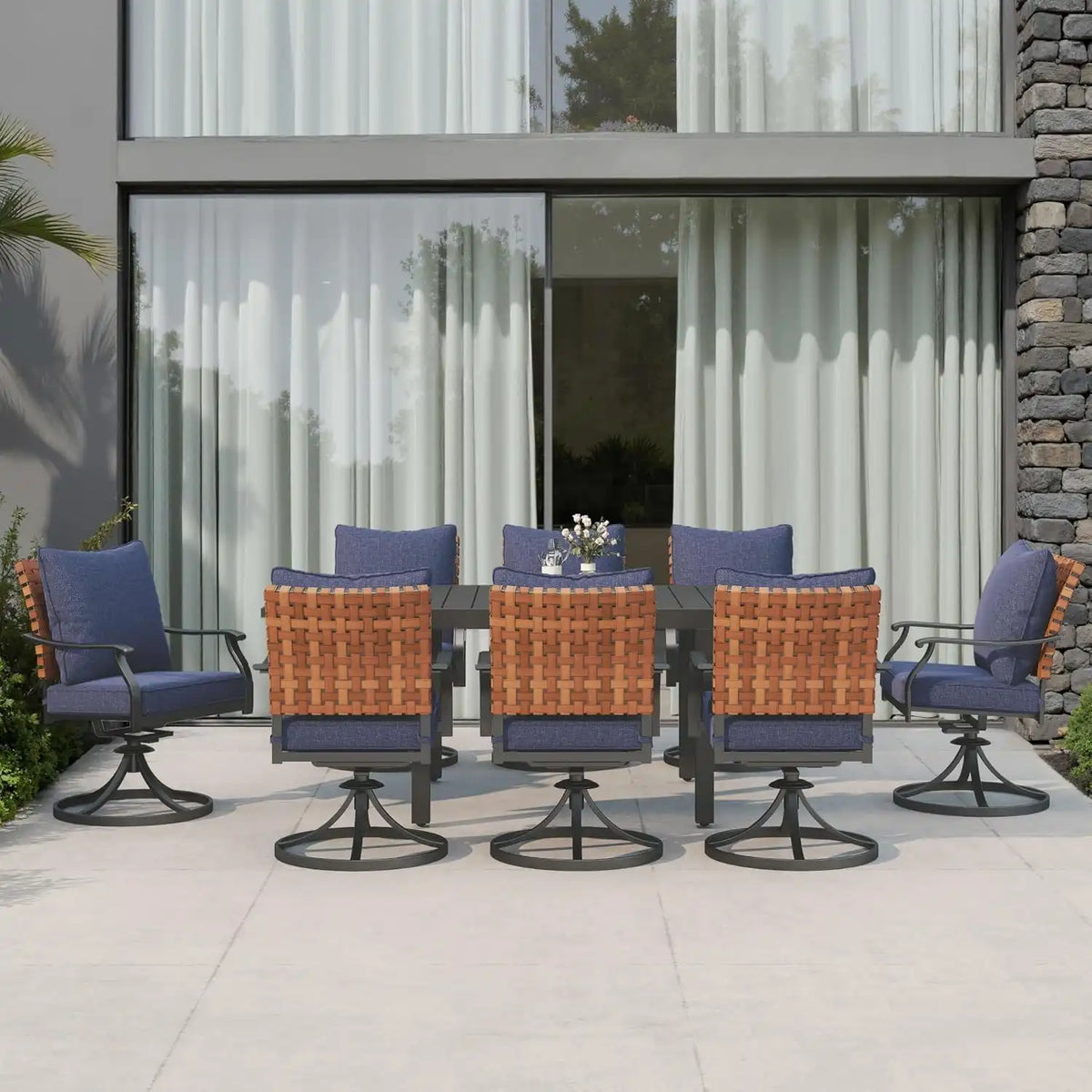 Grand patio 9-Pc Outdoor Swivel Dining Set, 8 Blue Chairs + Table, Black