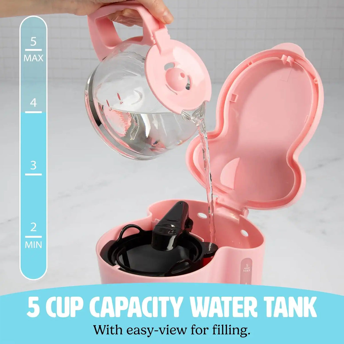 Tasty 5-Cup Coffee Maker with Auto Pause & Pour, Reusable Filter, Easy View Water Reservoir and Warming Plate, Glass Carafe, Compact Brew & Drip Coffee Maker, 5-Cup, Pink