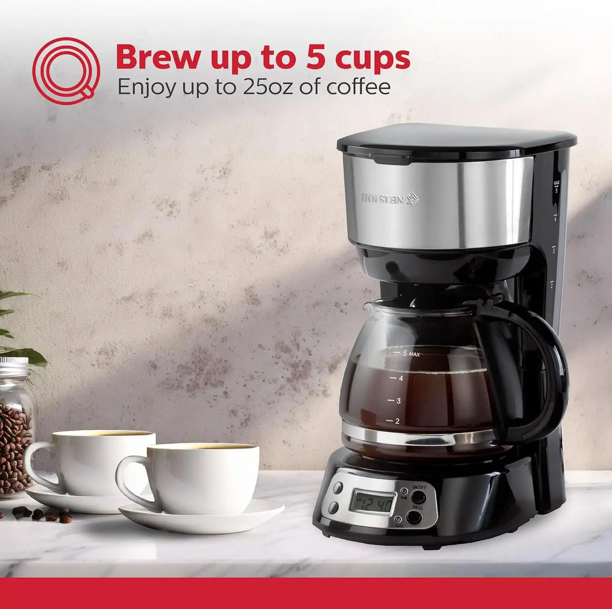 Holstein Housewares 5-Cup Programable Coffee Maker, Convenient and User Friendly, Black and Stainless Steel with Auto Pause and Serve Function, Glass Carafe