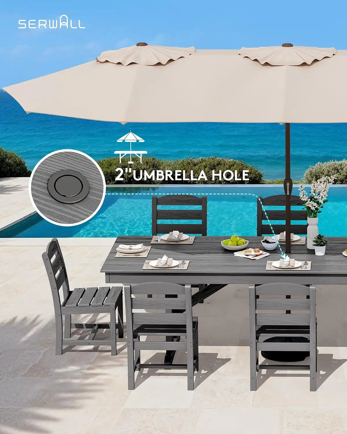 SERWALL 9Pcs 84" HDPE Outdoor Dining Set for 8 with Armless Chairs,Gray