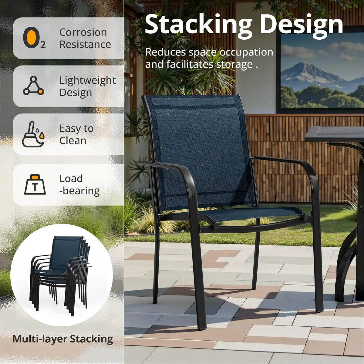 SUNCROWN 8 - Piece Outdoor Dining Set, Patio Furniture Set with 6 Textilene Dinning Chairs, 1 Rectangle Metal Table and 1 Dark Blue 9Ft Patio Umbrella for Lawn Garden Backyard Deck, Blue