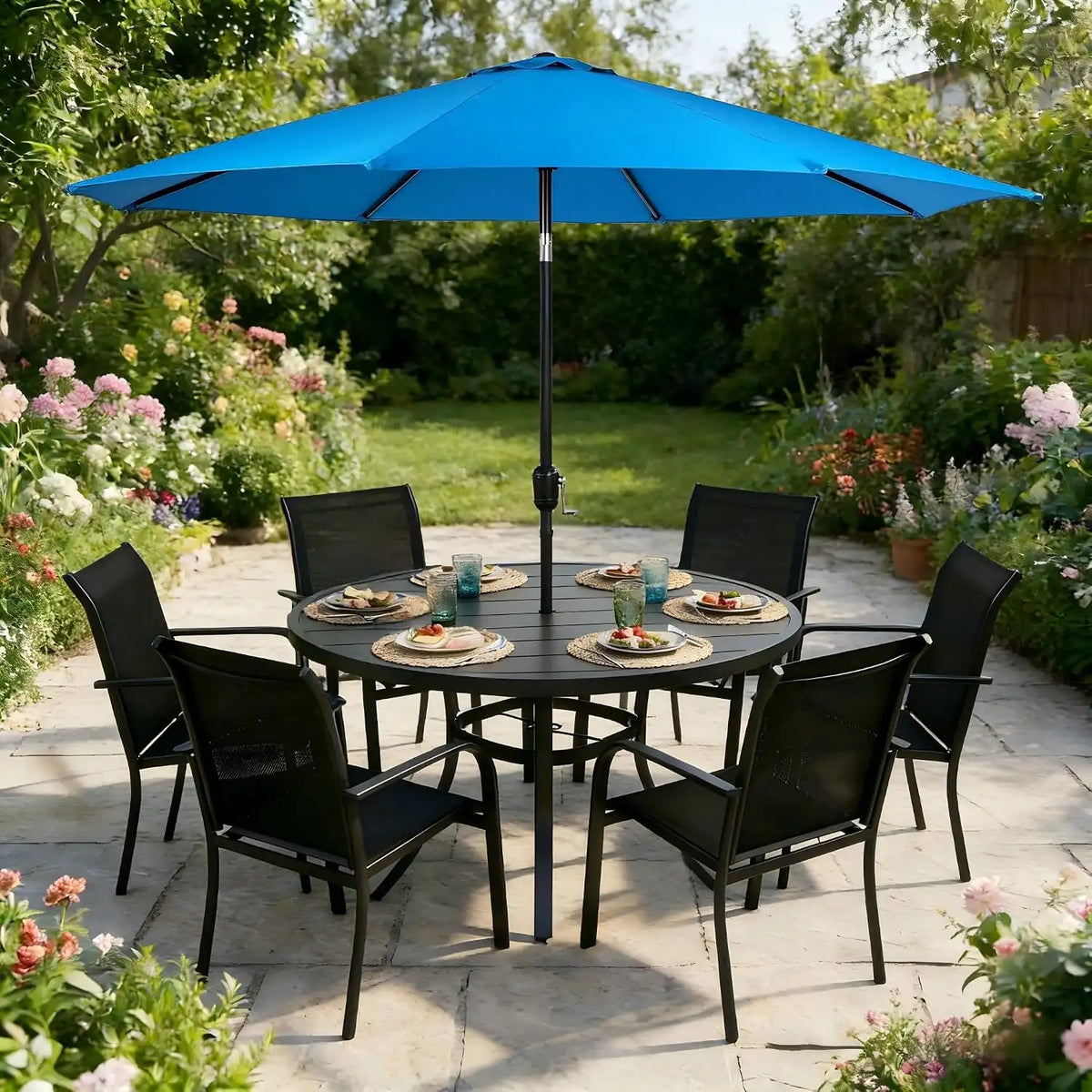 SUNCROWN 8 - Piece Outdoor Dining Set, Patio Furniture Set with 6 Textilene Dinning Chairs, 53" Metal Round Table and 1 Sky Blue 9Ft Patio Umbrella for Lawn Garden Backyard Deck, Black