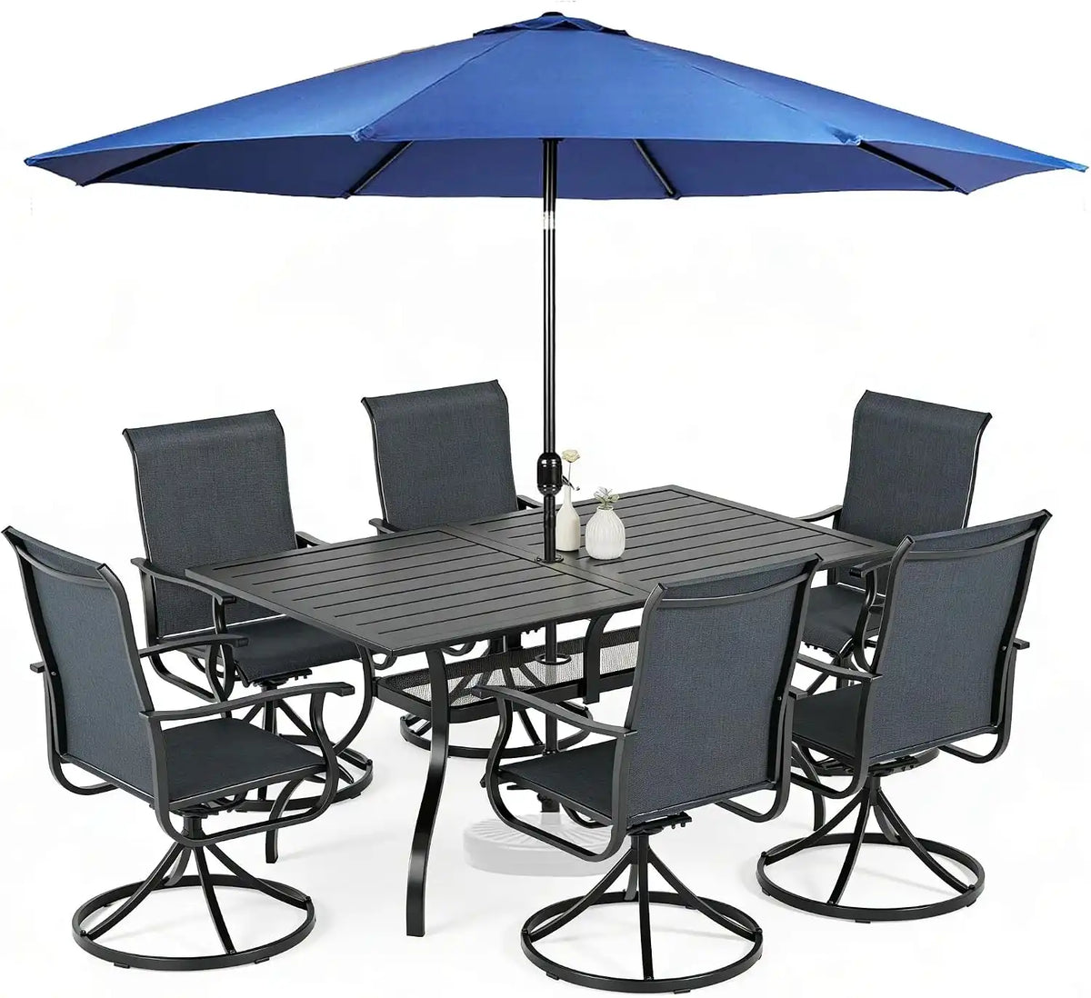 SUNCROWN 8-Piece Outdoor Dining Set, All Weather Patio Furniture Sets with 6 Black Swivel Textilene Mesh Chairs & Rectangular Metal Table & 1 Dark Blue 9Ft Umbrella for Garden Backyard Poolside