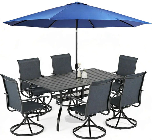 SUNCROWN 8-Piece Outdoor Dining Set, All Weather Patio Furniture Sets with 6 Black Swivel Textilene Mesh Chairs & Rectangular Metal Table & 1 Dark Blue 9Ft Umbrella for Garden Backyard Poolside