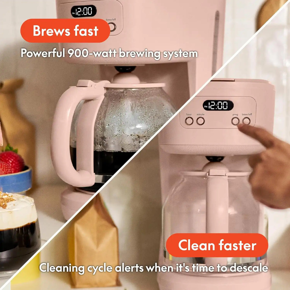 BELLA 12 Cup Programmable Coffee Maker, Reusable Dishwasher Safe Accessories, Easy LCD display, Auto Shutoff, 900 watt, Blossom