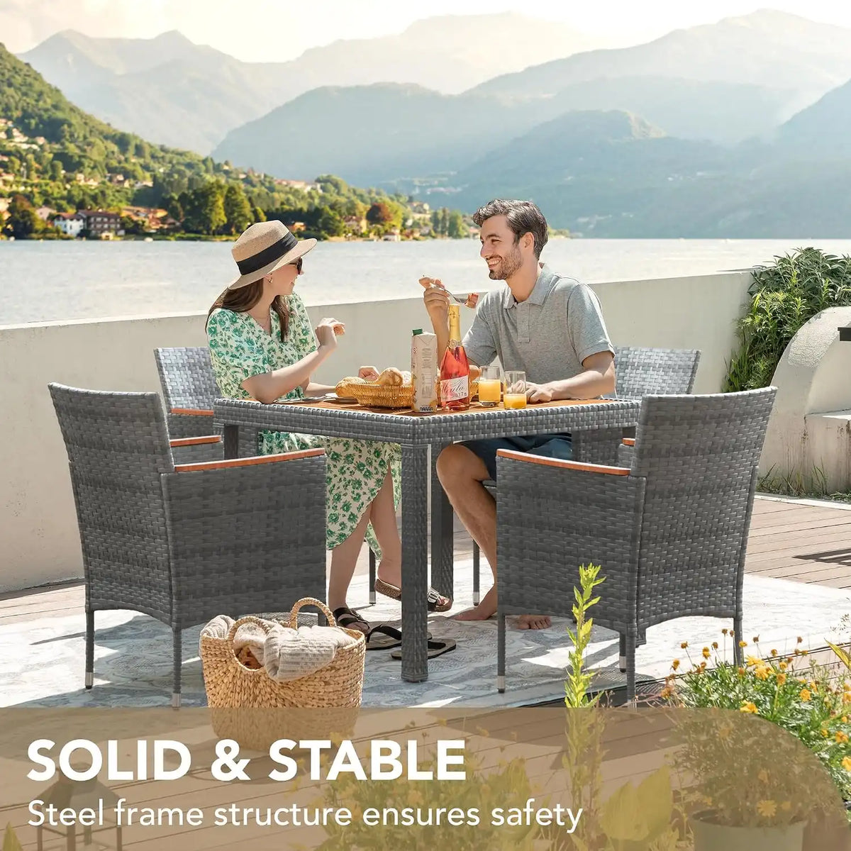 Devoko 5 PCS Acacia Wood Patio Dining Set, Gray Rattan