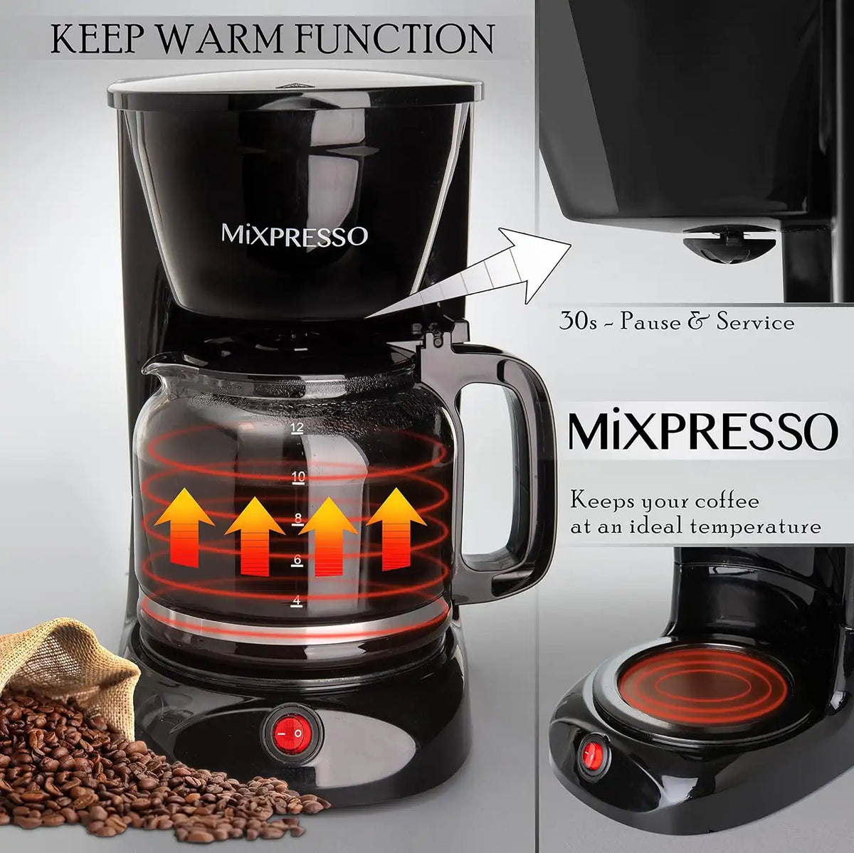 Mixpresso 12 Cup Drip Coffee Maker, Coffee Pot with Reusable Filter, Black
