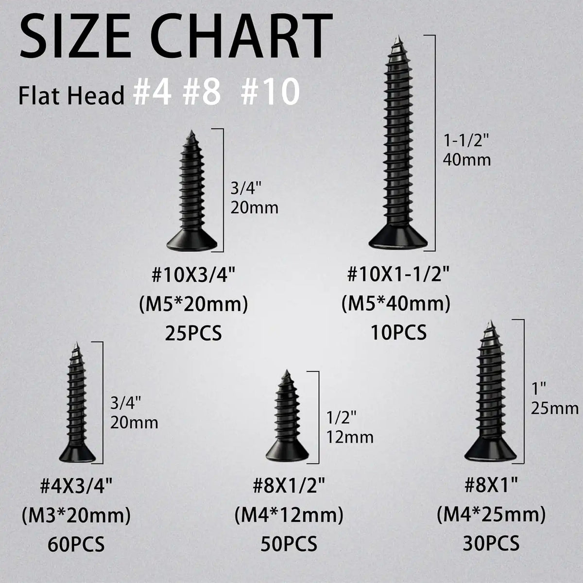#4#8#10 Wood Screws Assortment Kit 175pcs, Phillips Flat Head Self Tapping Screws, Black Zinc Plated, Carbon Steel, Assorted Screws for Metal & Wood, Black Wood Screws - 1/2",3/4",1",1-1/2"