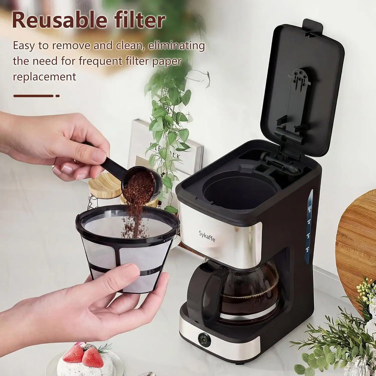 5 Cup Coffee Maker, Compact Machine with Reusable Filter, Keep Warm
