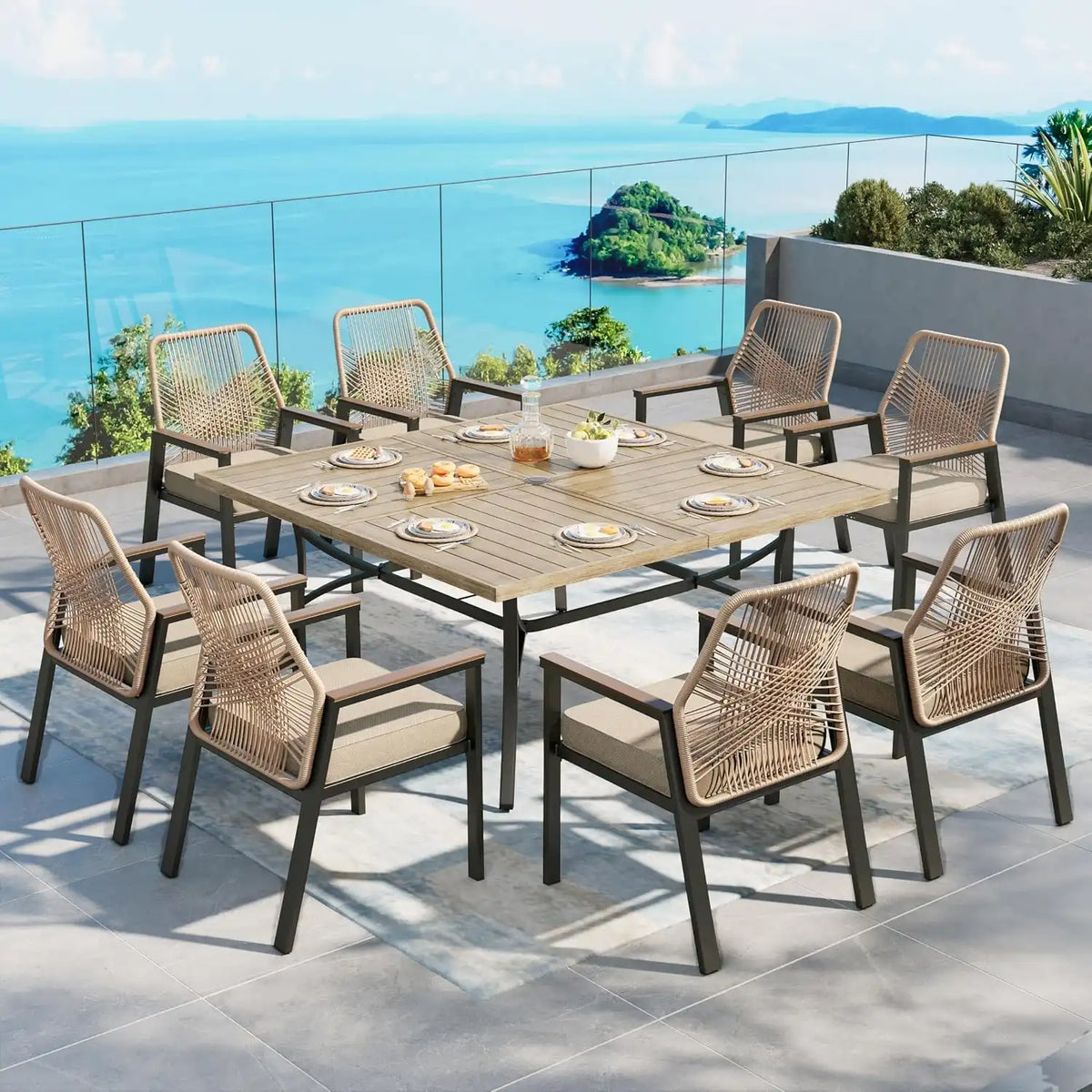 SUNSHINE VALLEY 9pc Patio Dining Set, 57.5" Square Table & 8 Rattan Chairs