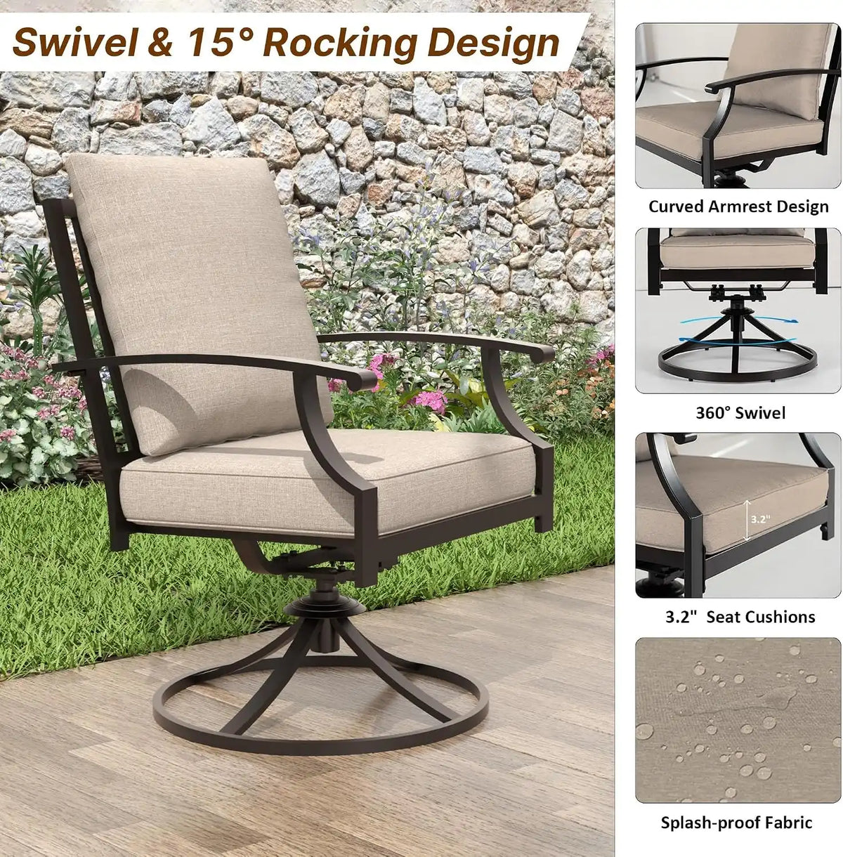 ALAULM 9-Piece Patio Dining Set,Outdoor Metal Dining Set with 2 Swivel Chairs & Rectangle Table with 1.5 Umbrella Hole, Patio Dining Table and Chairs for Backyard,Sand
