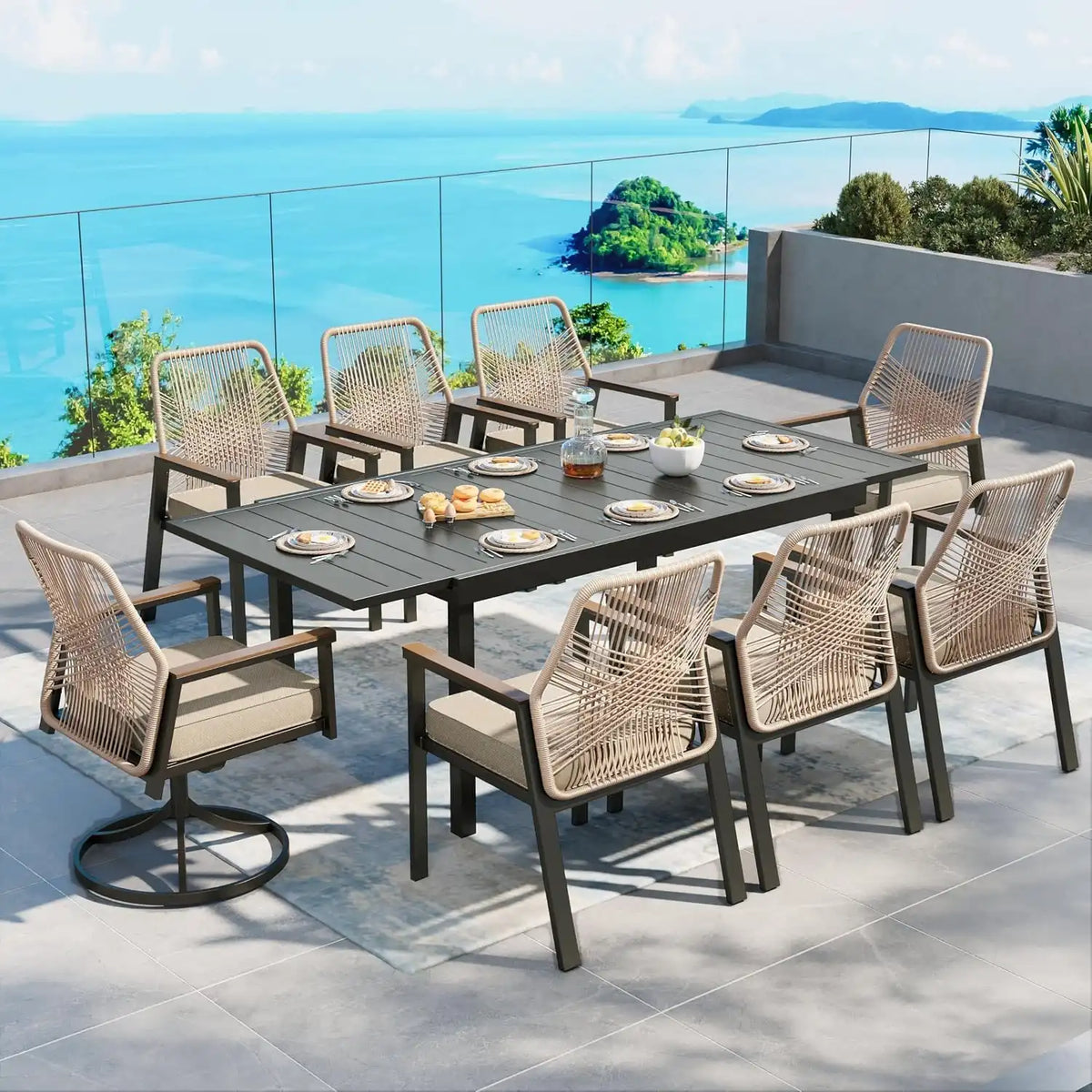 SUNSHINE VALLEY 9pc Patio Dining Set, Extendable Metal Table & 8 Chairs
