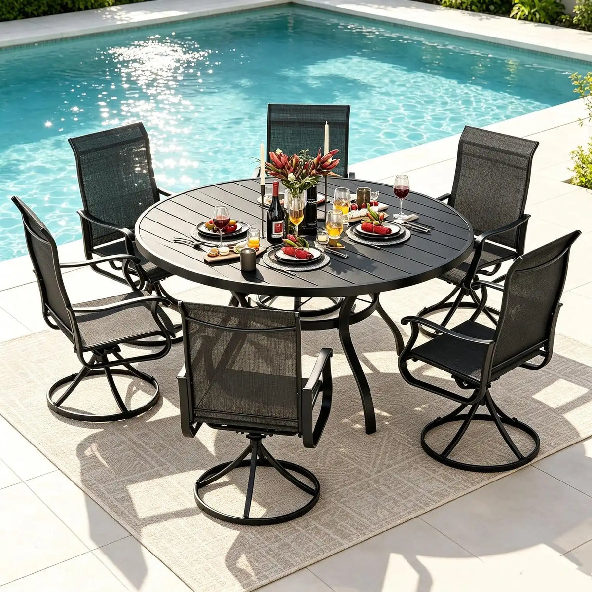 SUNCROWN 7-Piece Outdoor Patio Dining Set, All Weather Round Metal Table & 6 Black Swivel Textilene Mesh Chairs, Weather Resistant Patio Furniture for Deck Lawn Garden Backyard Poolside