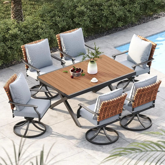 Grand patio 7-Pc Outdoor Swivel Dining Set, 6 Gray Chairs + Table, Brown