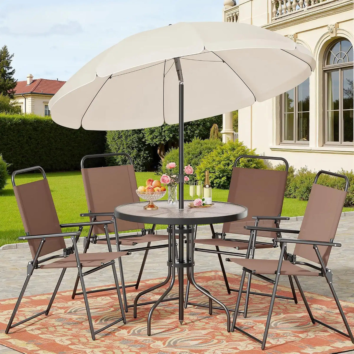 Shintenchi 6 Piece Patio Dining Set with Umbrella, Outdoor Furniture Set with 4 Folding Chairs and Tempered Glass Top Dining Table for Lawn Backyard Garden Porch, Brown and Beige