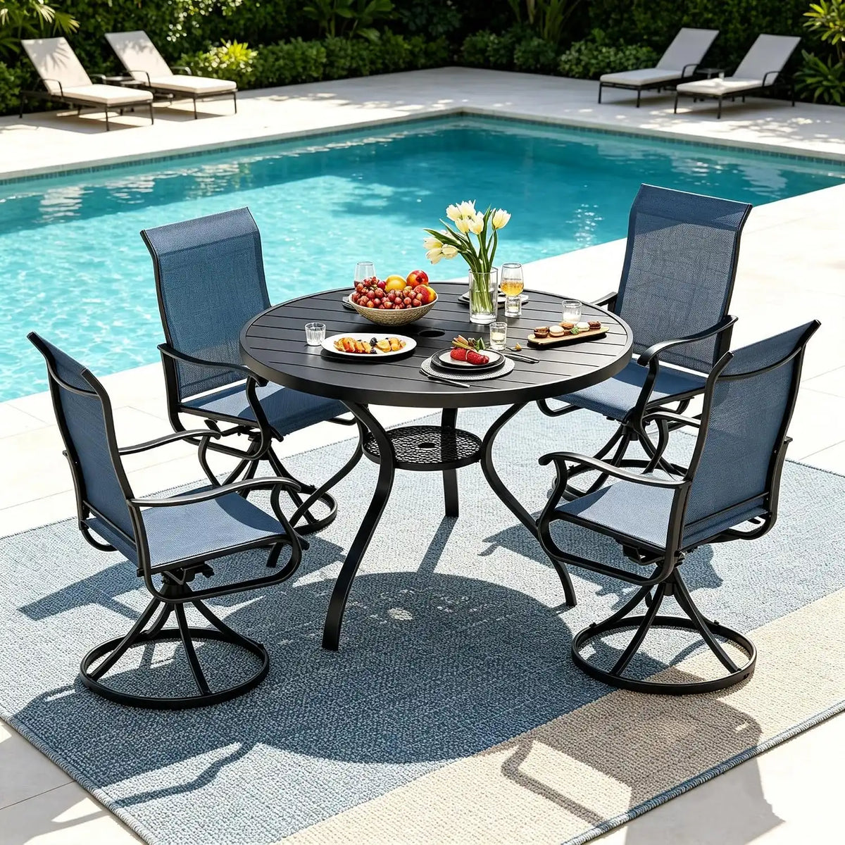 SUNCROWN 5-Piece Outdoor Patio Dining Set, All Weather Round Metal Table & 4 Dark Blue Swivel Textilene Mesh Chairs, Weather Resistant Patio Furniture for Deck Lawn Garden Backyard Poolside