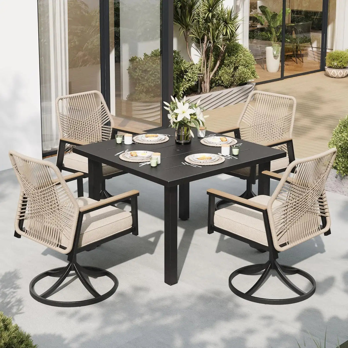 SUNSHINE VALLEY 5pc Patio Dining Set, 34.2" Square Table & 4 Swivel Chairs