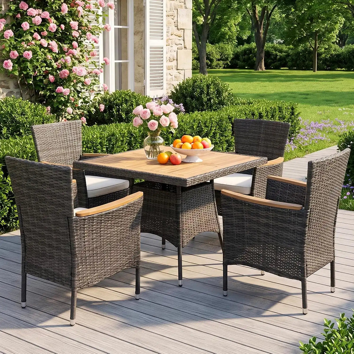 Wisteria Lane Rattan Patio Table and Chairs Set with Acacia Wood Tabletop