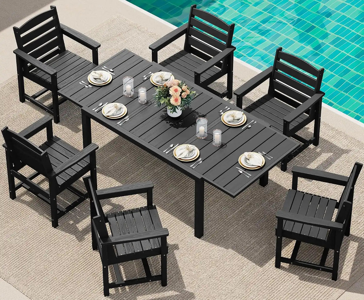 SERWALL 60" - 83" Expandable Outdoor Dining Table and 6 HDPE Chairs, Black