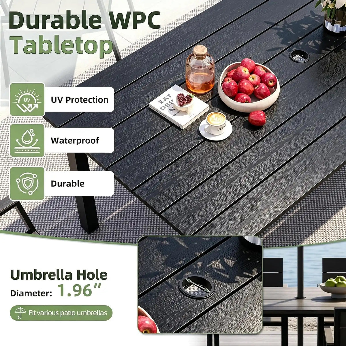 LazySunsets Outdoor Dining Set with Umbrella Hole (Blacky, 7 Piece)