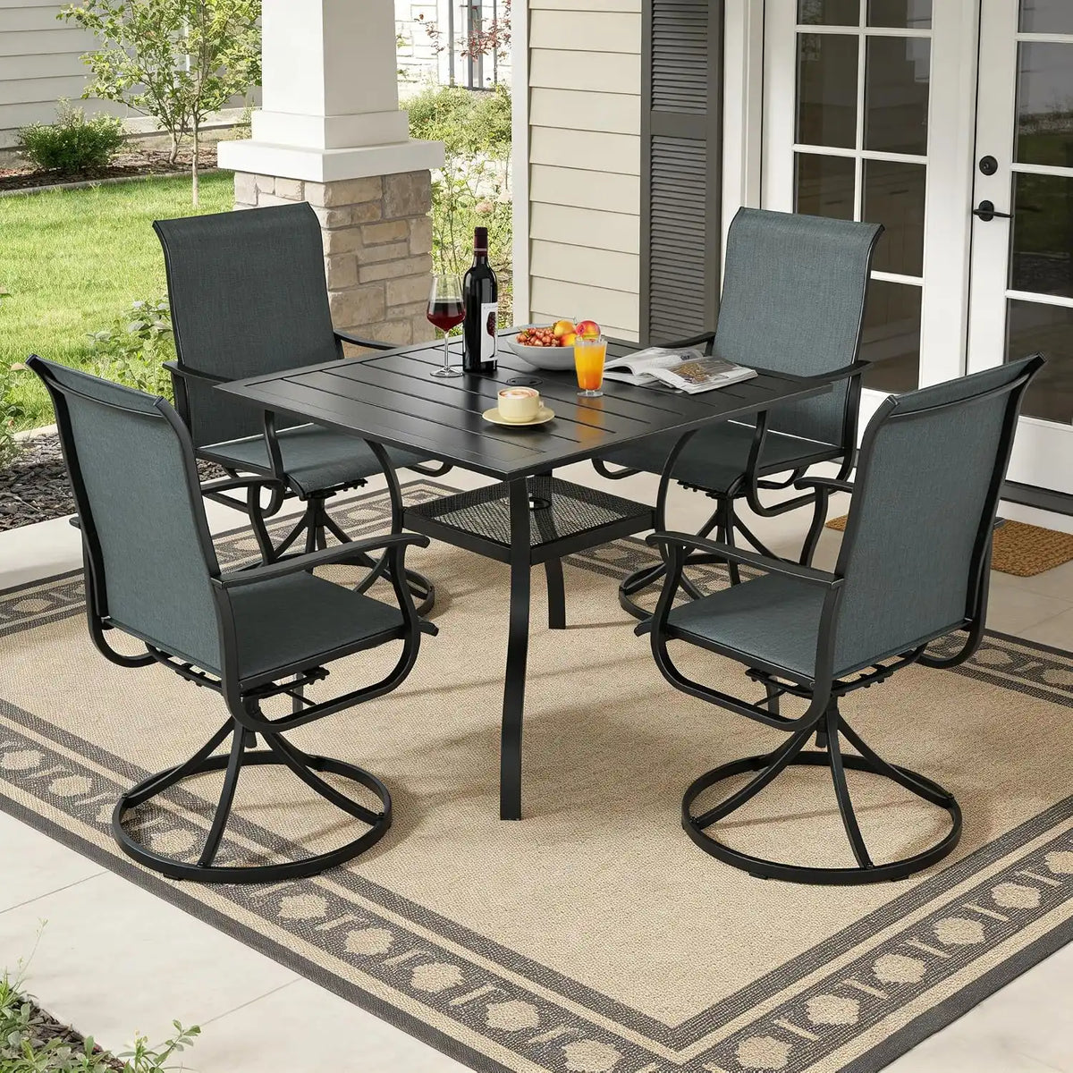 SUNCROWN 5-Piece Outdoor Patio Dining Set, All Weather Square Metal Table & 4 Dark Gray Swivel Textilene Mesh Chairs, Weather Resistant Patio Furniture for Deck Lawn Garden Backyard Poolside