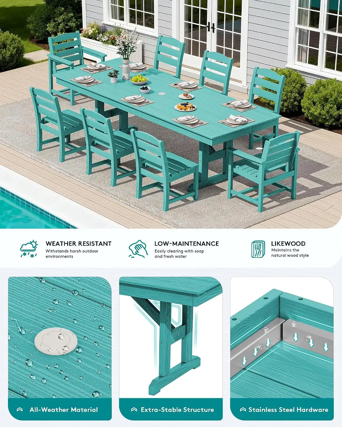 SERWALL 9Pcs HDPE Outdoor Dining Set w/6 Armless, 2 Armchairs for 8, Aruba