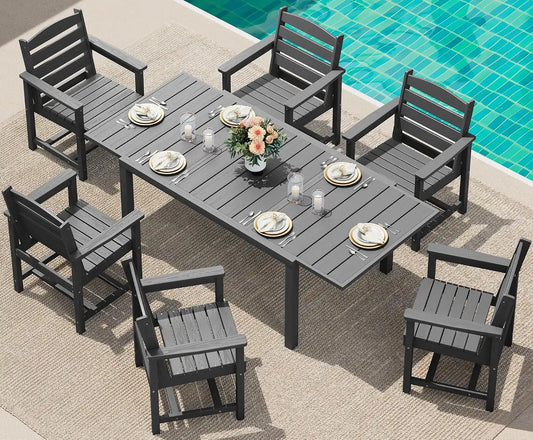 SERWALL 60" - 83" Expandable Outdoor Dining Table and 6 HDPE Chairs, Grey