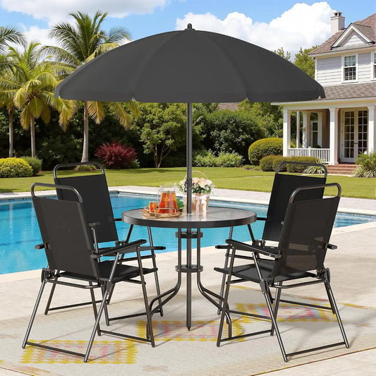 Shintenchi 6 Piece Patio Dining Set with Umbrella, Outdoor Furniture Set with 4 Folding Chairs and Tempered Glass Top Dining Table for Lawn Backyard Garden Porch, Black