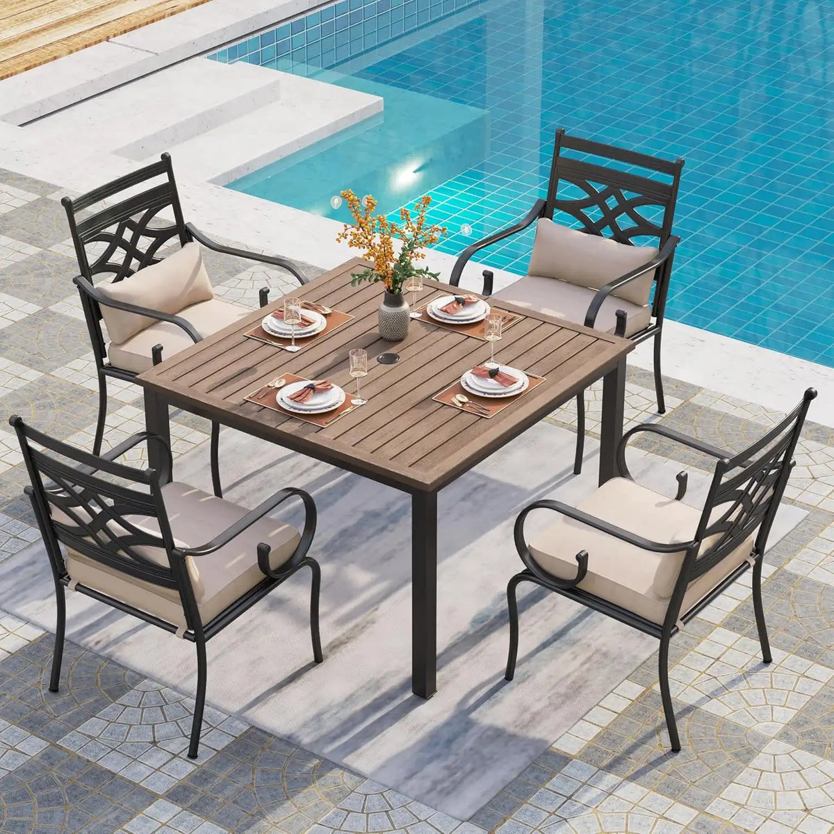 PHI VILLA Patio Dining Set, Square Metal Table
