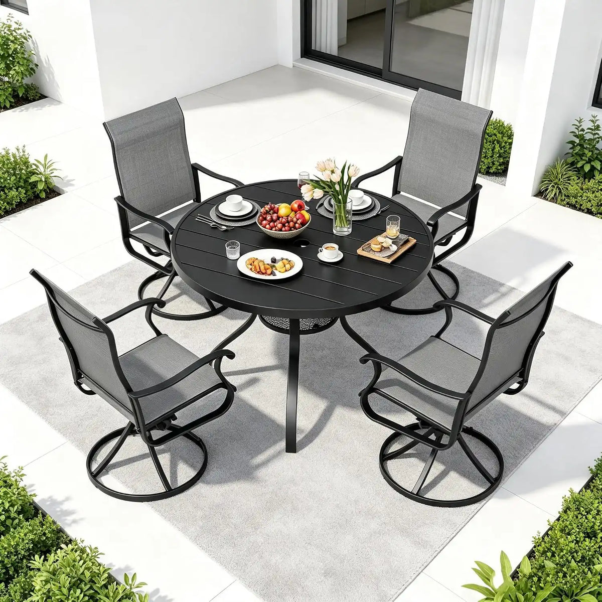 SUNCROWN 5-Piece Outdoor Patio Dining Set, All Weather Round Metal Table & 4 Dark Gray Swivel Textilene Mesh Chairs, Weather Resistant Patio Furniture for Deck Lawn Garden Backyard Poolside