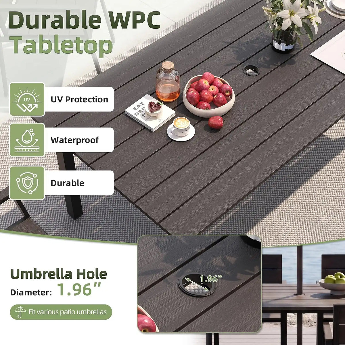 Outdoor Table and Chairs for 6 Aluminum Patio Dining Set with Umbrella Hole