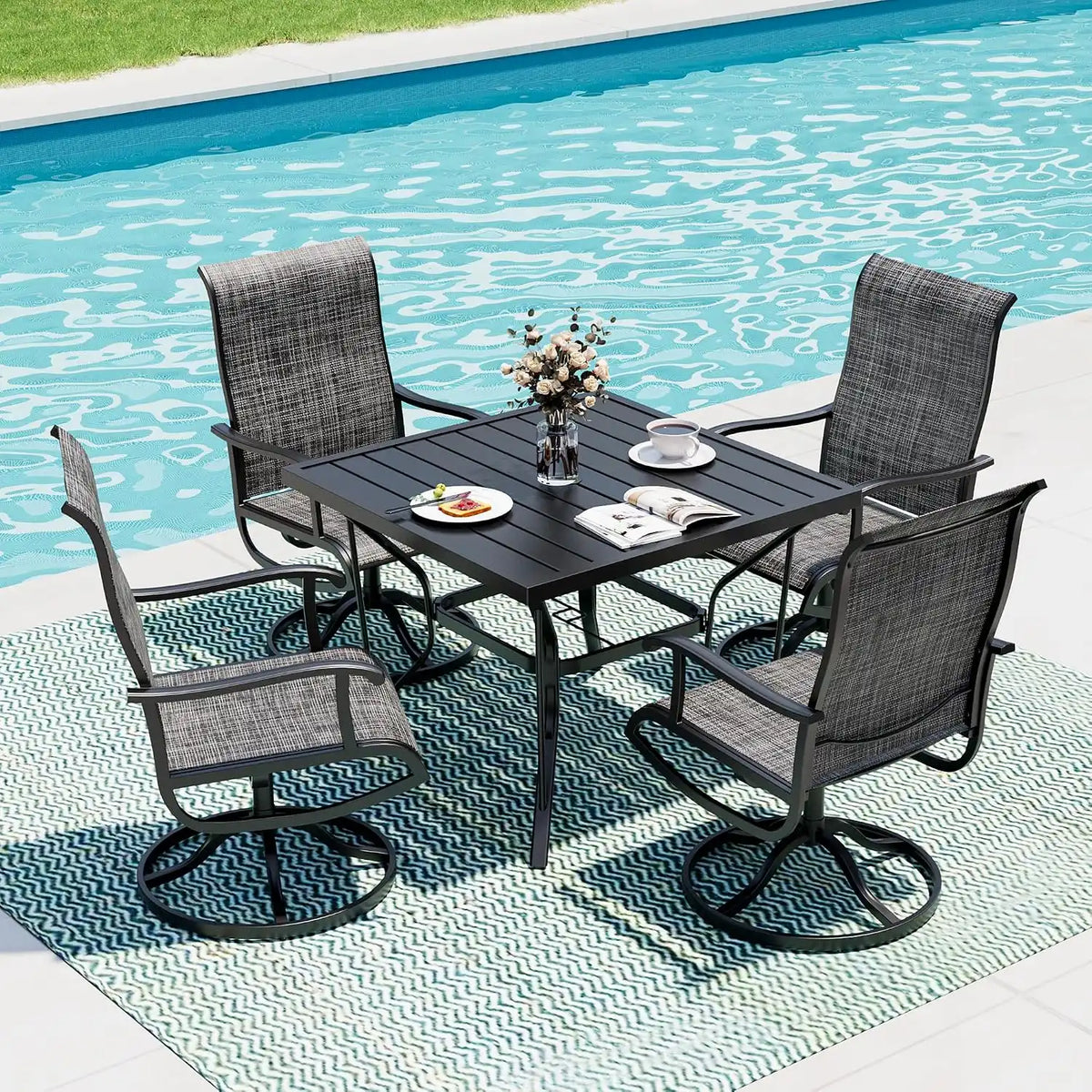 5-Piece Outdoor Dining Set, All Weather Patio Table and Chairs Set with Umbrella Hole for 4, Outdoor Table and 4 Textilene Swivel Chairs for Backyard, Poolside, Deck, Grey