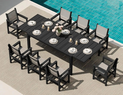 SERWALL HDPE Outdoor Dining Set for 8 with Textilene Chairs, Black