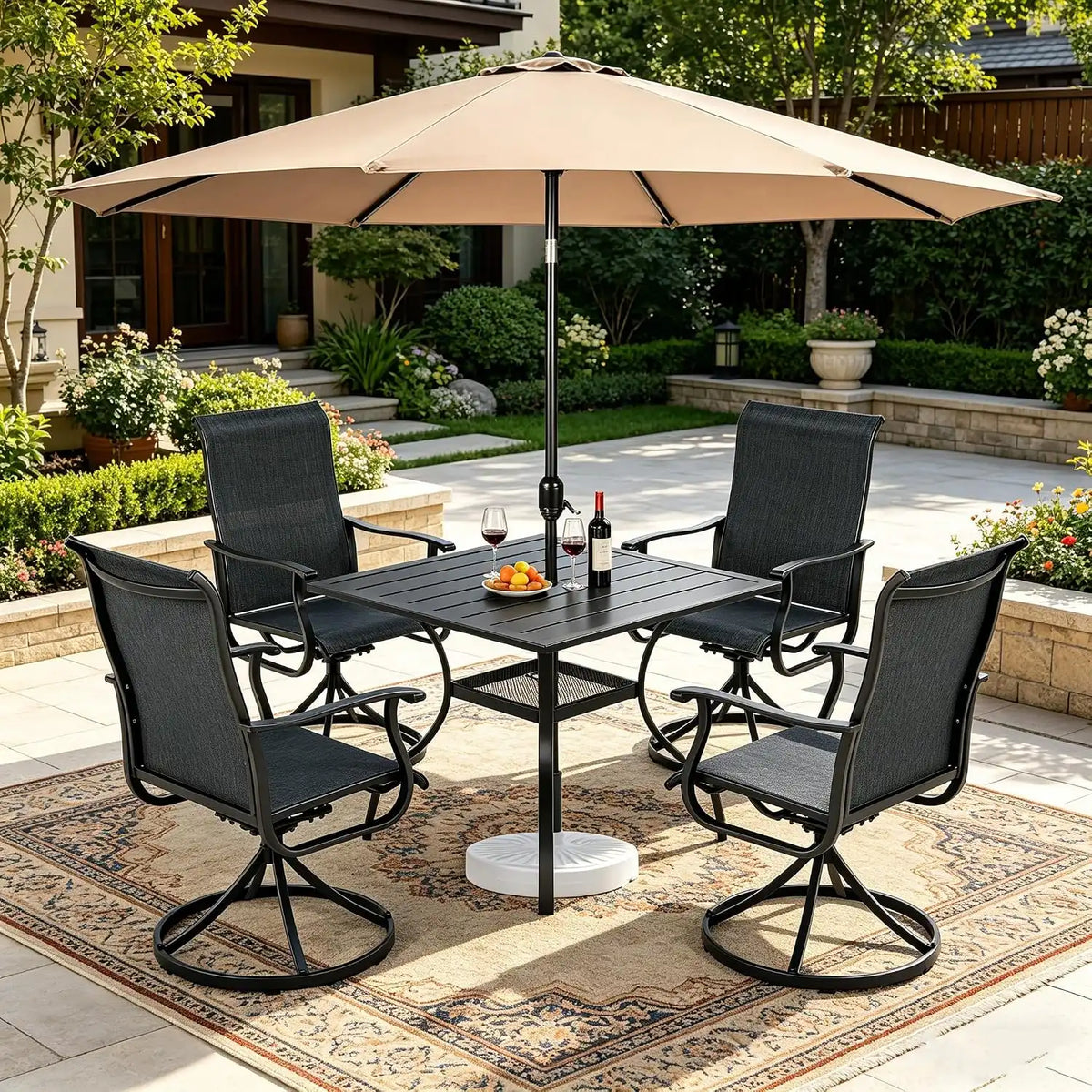SUNCROWN 6-Piece Outdoor Dining Set, All Weather Patio Furniture Sets with 4 Black Swivel Textilene Mesh Chairs & Square Metal Table & 1 Brown 9Ft Umbrella for Deck Garden Backyard Poolside