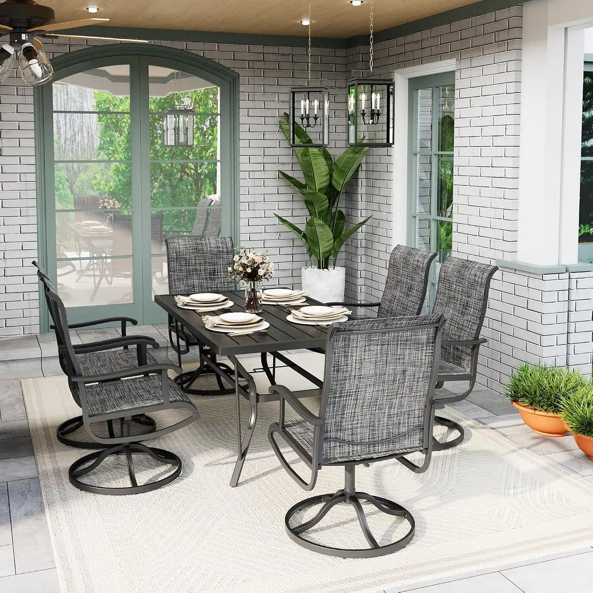 7-Piece Outdoor Dining Set, Patio Furniture Set with Textilene Swivel Chairs, Outdoor Table & 6 Chairs for Garden, Backyard, Poolside, Deck, Charcoal