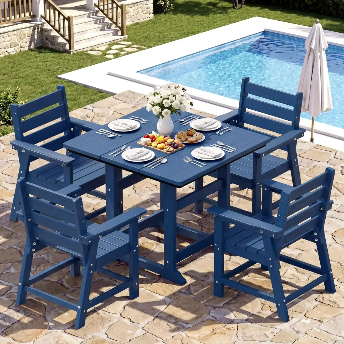 HDPE Outdoor Dining Set, Patio Dining Set of 5, Navy