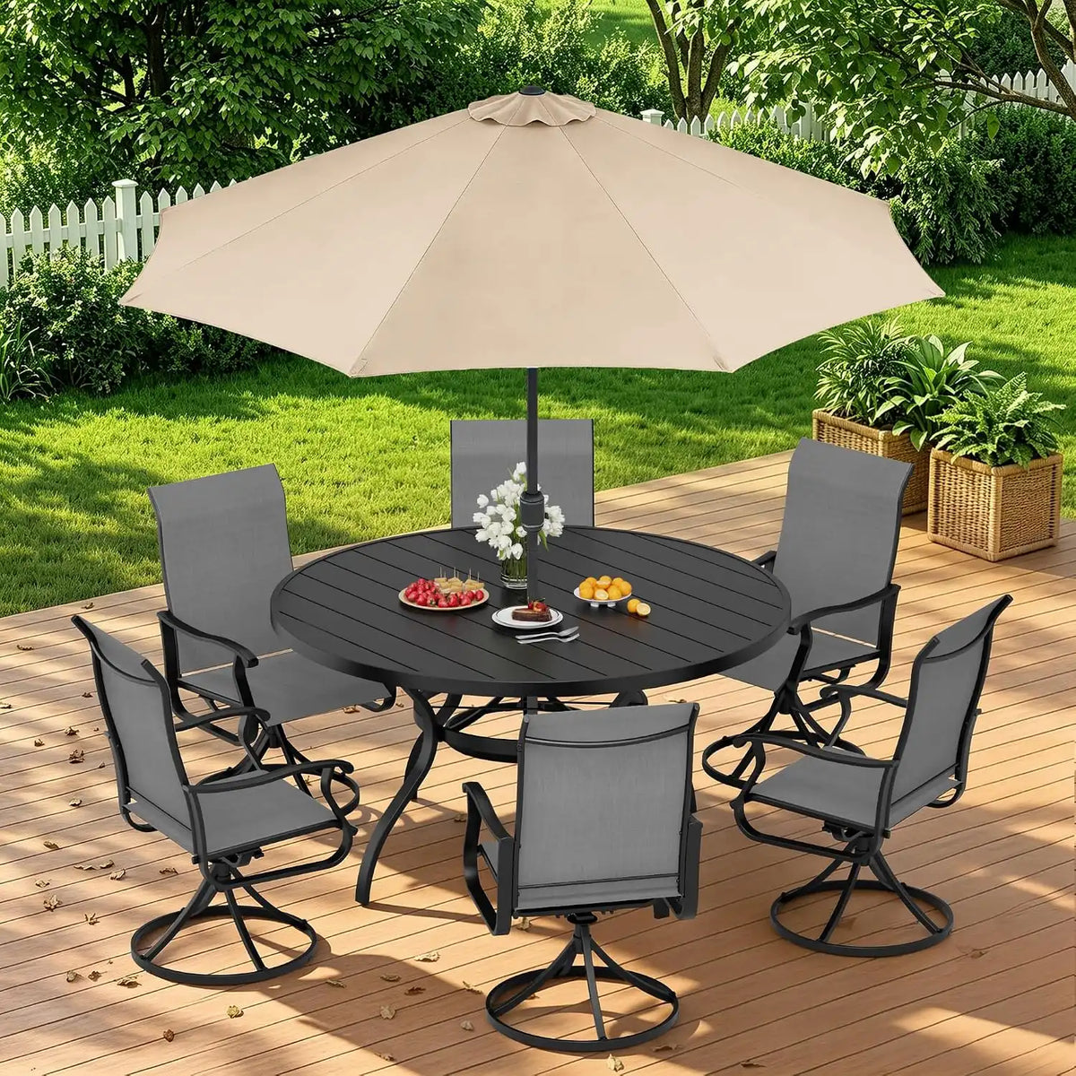 SUNCROWN 8-Piece Outdoor Dining Set, All Weather Patio Furniture Sets with 6 Dark Gray Swivel Textilene Mesh Chairs & Round Metal Table & 1 Brown 9Ft Umbrella for Deck Garden Backyard Poolside