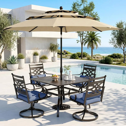 PHI VILLA Outdoor Dining Set with Umbrella for 4, 37" Metal Square Table & Wrought Iron Swivel Chairs, Patio Furniture with Blue Cushions & Pillows for Deck, Porch