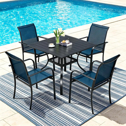 SUNCROWN 5 - Piece Furniture Set, Outdoor Dining Set with 4 x Textilene Dinning Chairs and 1 Steel Slat Metal Bistro Table for Lawn Garden Backyard Deck, Dark Blue