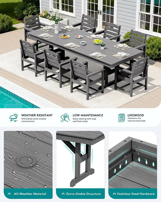 SERWALL 9Pcs 84" HDPE Outdoor Dining Set for 8 with Armchairs,Gray