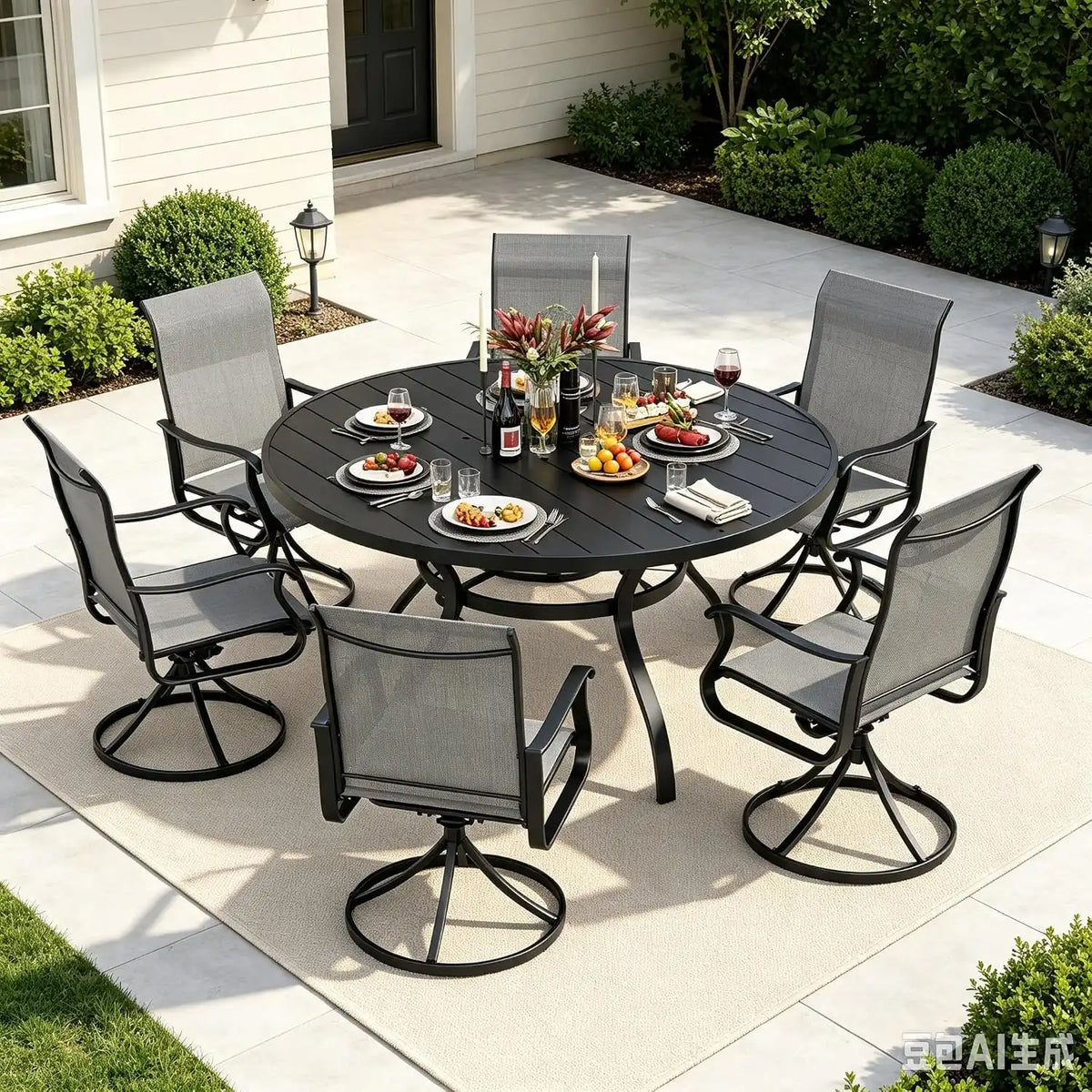SUNCROWN 7-Piece Outdoor Patio Dining Set, All Weather Round Metal Table & 6 Dark Gray Swivel Textilene Mesh Chairs, Weather Resistant Patio Furniture for Deck Lawn Garden Backyard Poolside