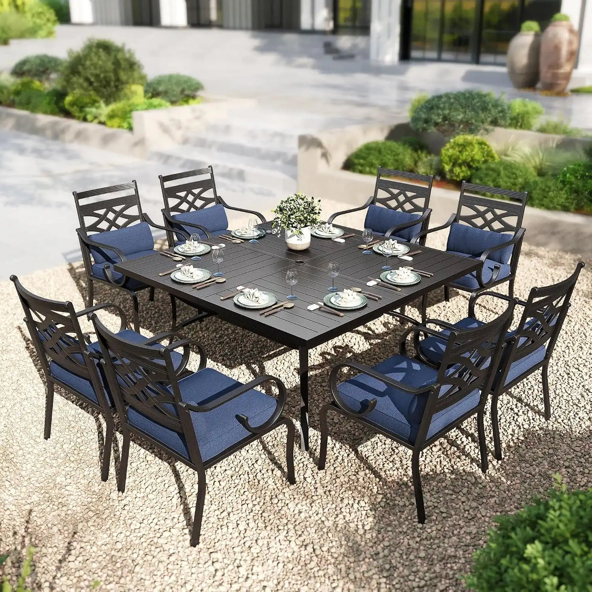 PHI VILLA 9 Piece, Outdoor Dining Set, 57.5" Square Table, Umbrella Hole